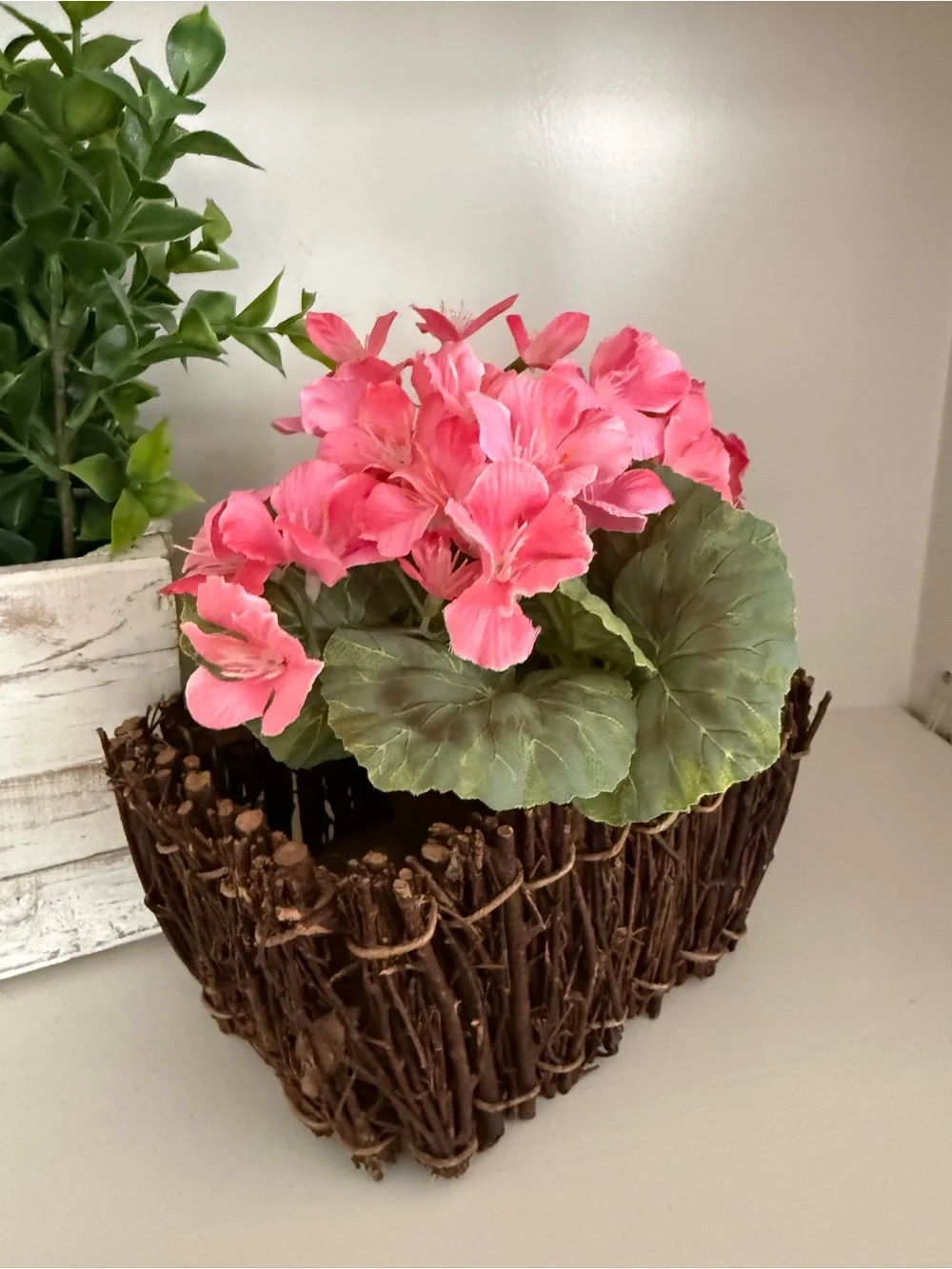 A.T. Imports Faux Pink Geranium Floral Arrangement Twig Basket Cottagecore